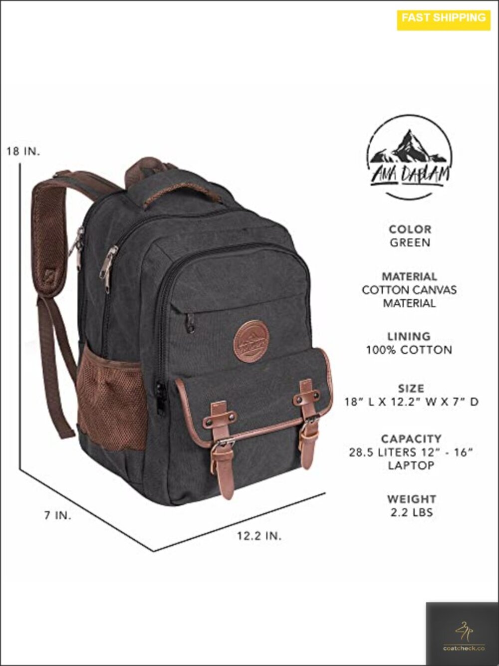 Large 30L Canvas Laptop Backpack, Fits 17" Laptop, College Travel Bag - Picture 5 of 6